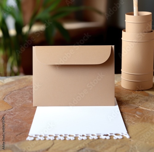 the greeting card is on a table in front of the empty cardboard