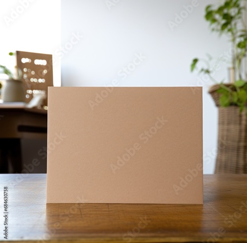 the greeting card is on a table in front of the empty cardboard