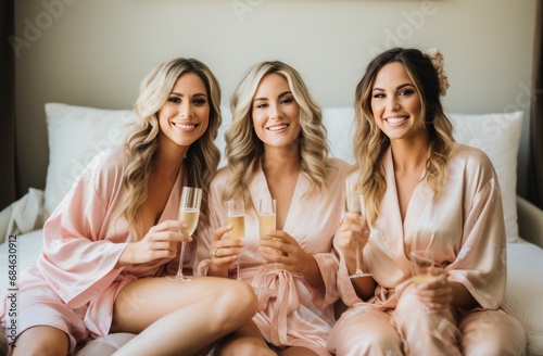three woman dressed in robes sitting next to each other and holding champagne...