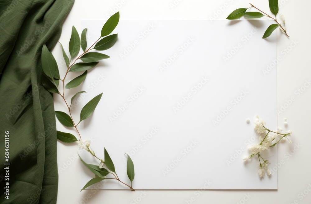Naklejka premium white blank sheet with green leaves and flowers around it