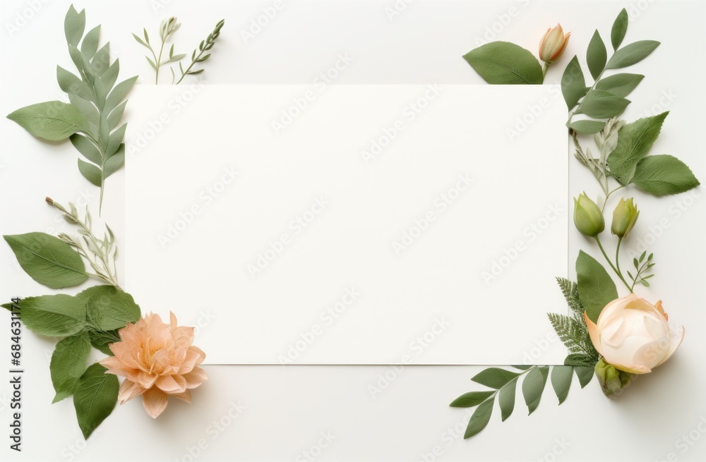 white blank sheet with green leaves and flowers around it