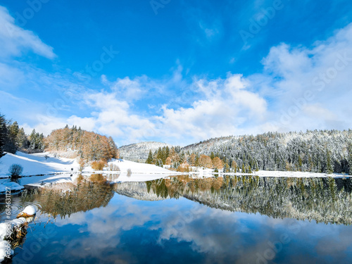 Winter's Mirror: Snowy Lakeside Reflections Under a Clear Blue Sky
