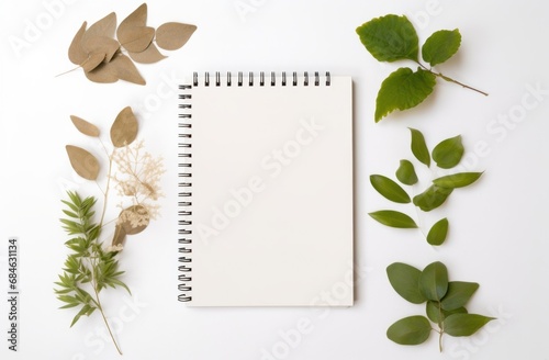 white background with empty notepad and green leaves around a white background