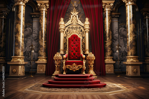 an ornate room with a throne and a red carpet. luxury royal interior. a throne room fit for king
