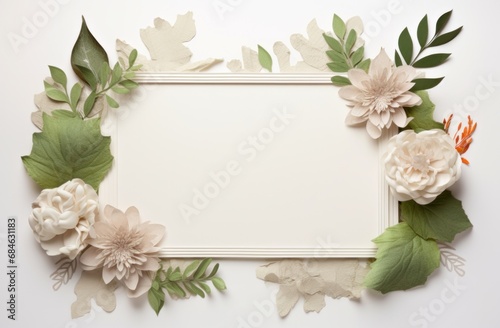 white blank sheet with green leaves and flowers around it