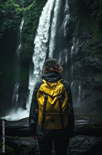 woman with backpack standing near waterfall of ubud