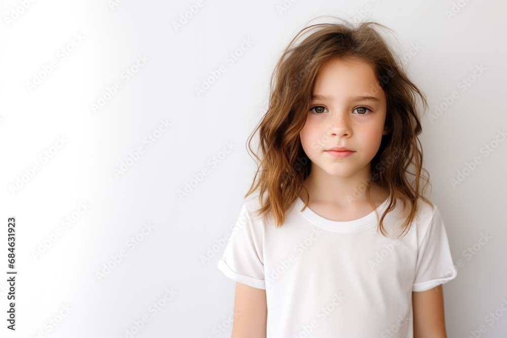 Portrait of a cute kid, girl, neutral expression, white and neutral teeshirt and background, serious Portrait of a cute kid, girl, neutral expression, white and neutral teeshirt and background, serious