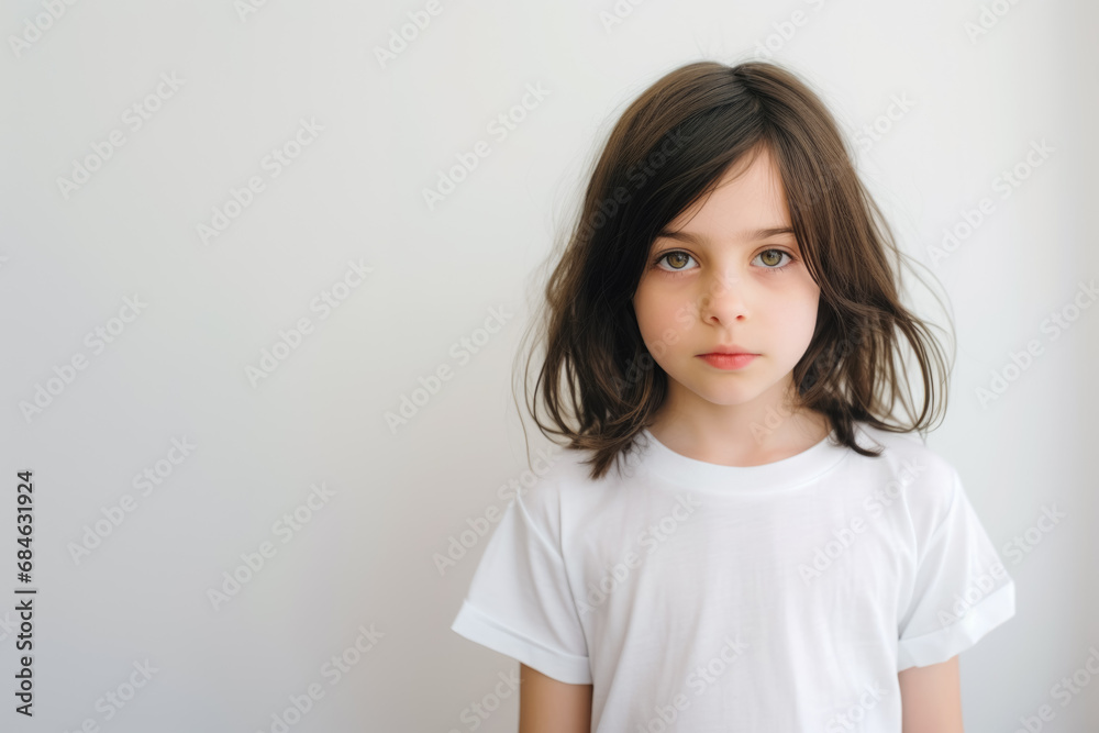 Portrait of a cute kid, girl, neutral expression, white and neutral teeshirt and background, serious Portrait of a cute kid, girl, neutral expression, white and neutral teeshirt and background, serious