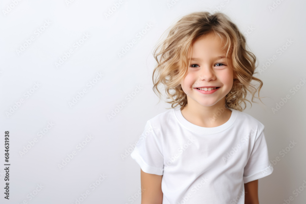 Portrait of a cute kid, girl, smiling, white and neutral teeshirt and background, joy Portrait of a cute kid, girl, smiling, white and neutral teeshirt and background, joy
