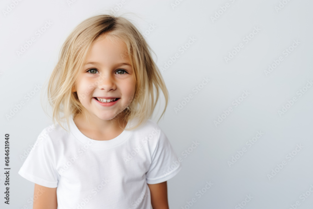 Portrait of a cute kid, girl, smiling, white and neutral teeshirt and background, joy Portrait of a cute kid, girl, smiling, white and neutral teeshirt and background, joy