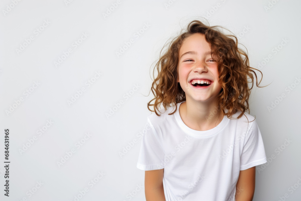 Portrait of a cute kid, girl, laughing, white and neutral teeshirt and background, happiness Portrait of a cute kid, girl, laughing, white and neutral teeshirt and background, happiness