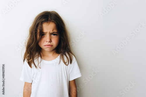 Portrait of a cute kid, girl, crying, white and neutral teeshirt and background, sad photo