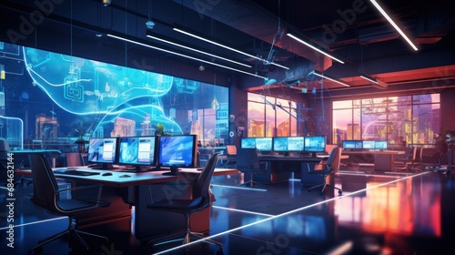 Open space modern cyberpunk office with Neon light metaverse futuristic concept