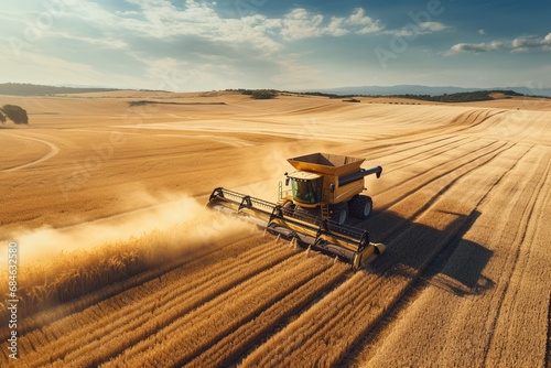 Top view of havesting machine working on agriculture cereal field in farm. photo