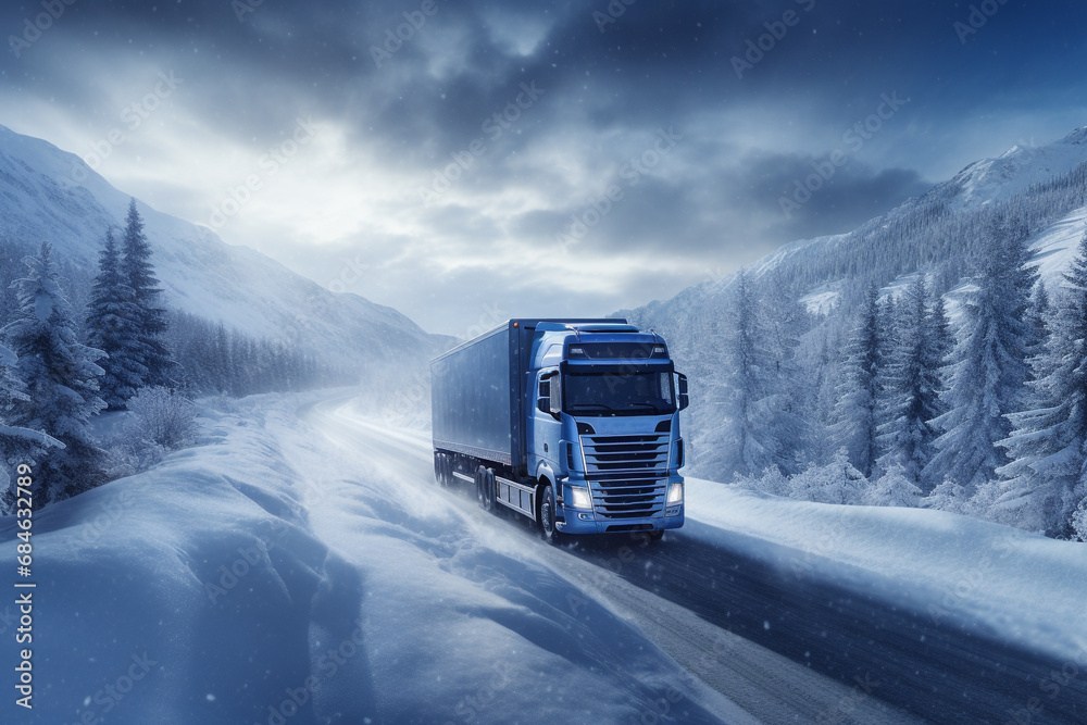 Cargo transportation truck driving on snow road in winter season. Logistic Trailer vehicle delivery products.