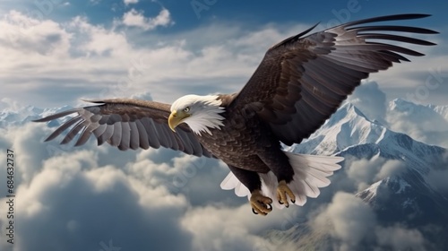 Eagle With American Flag Flying Over The Clouds.Generative AI