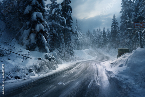 Snow on the road in winter time. © Golden House Images