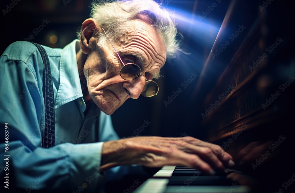 An elderly Caucasian man with glasses passionately plays the piano.