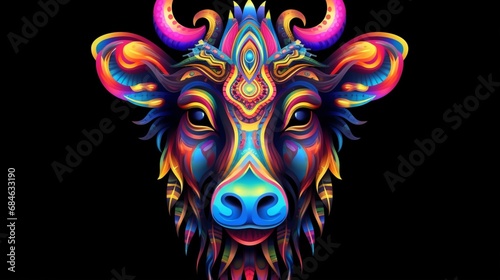 Rainbow colored head of bull in flames, black background. AI generated image