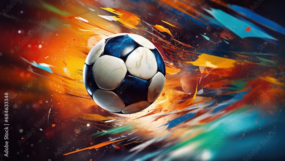 Fototapeta premium A soccer ball at the center of a vibrant explosion of color and light, creating a sense of movement.