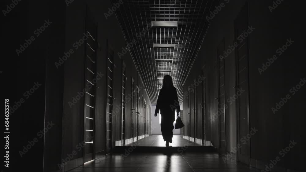 Long shot of unrecognizable woman in hotel corridor wearing suit carrying handbag Long shot of unrecognizable woman in hotel corridor wearing suit carrying handbag