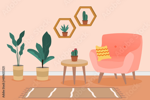 Interior design of a living room with sofa and house plants. Home interior. Vector illustration.