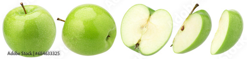 green apple (granny smith apple), half and slice isolated, transparent PNG, collection, PNG format, cut out photo