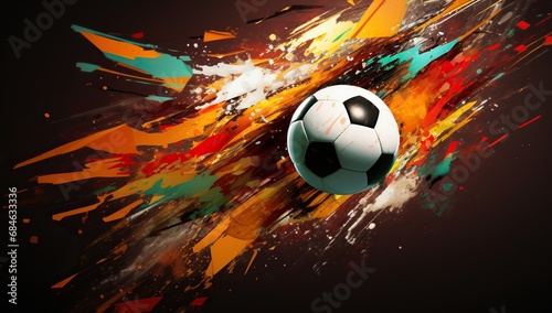 An artistic image of a soccer ball in flight against a backdrop of a bright explosion of colors on a dark background.