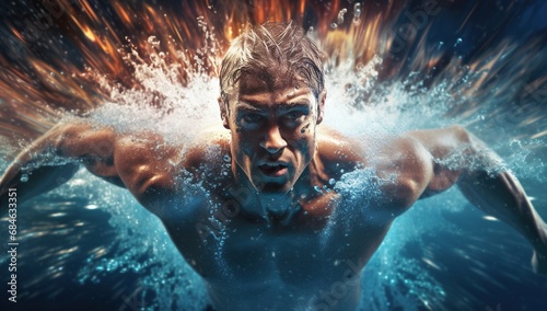An intense art image of a swimmer in action, with a focus on the expression of his face and the dynamics of the water. © volga