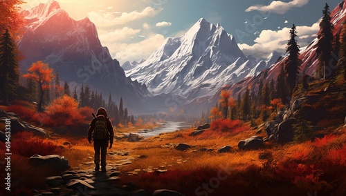 An artistic image of a traveler with a backpack walking on a path through an autumn forest with a view of majestic snow-capped mountains.
