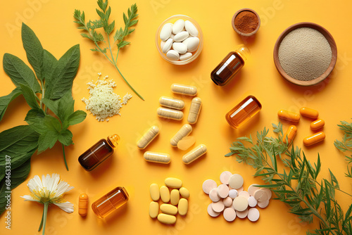  Different pills and herbs on pale orange background, flat lay. Dietary supplements photo