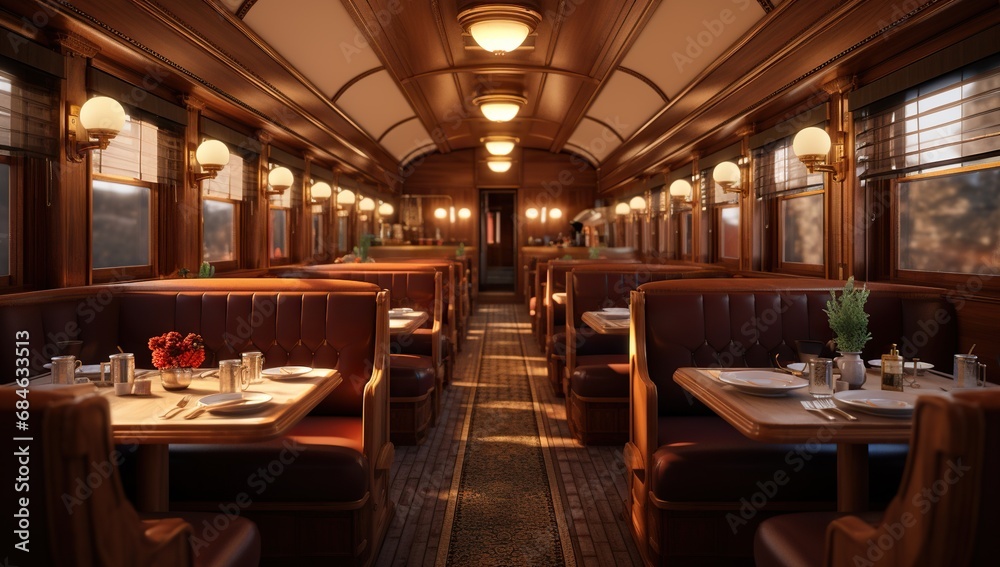 A classic-style dining car interior with cozy booths, wooden trim, and warm lighting, traveling through a landscape at twilight.