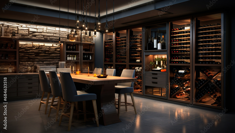 A modern wine room with wooden furniture, a large wine cabinet, and pendant lights