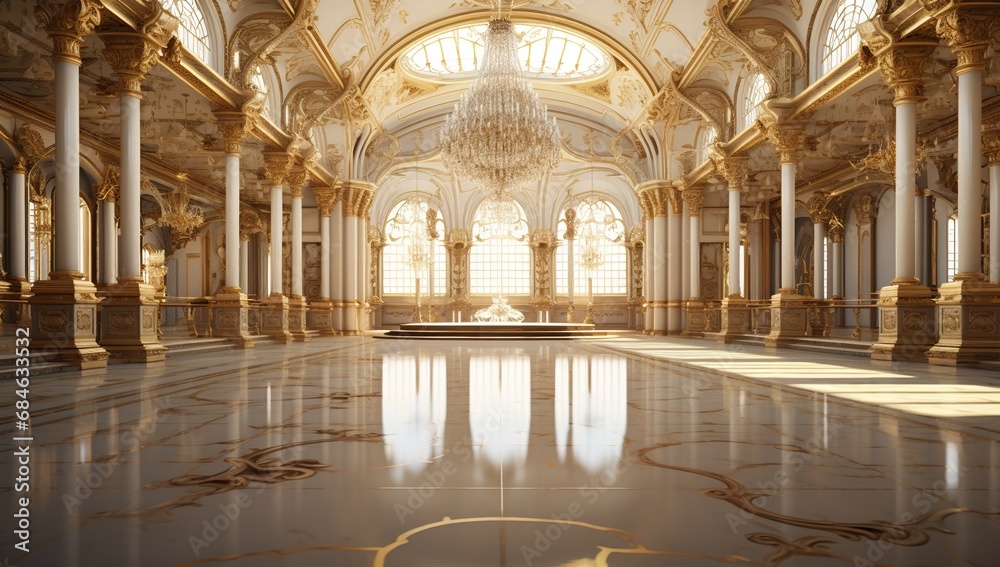 A magnificent baroque hall with gold decorations, massive columns, luxurious chandeliers, and a reflective floor, exuding grandeur and opulence.