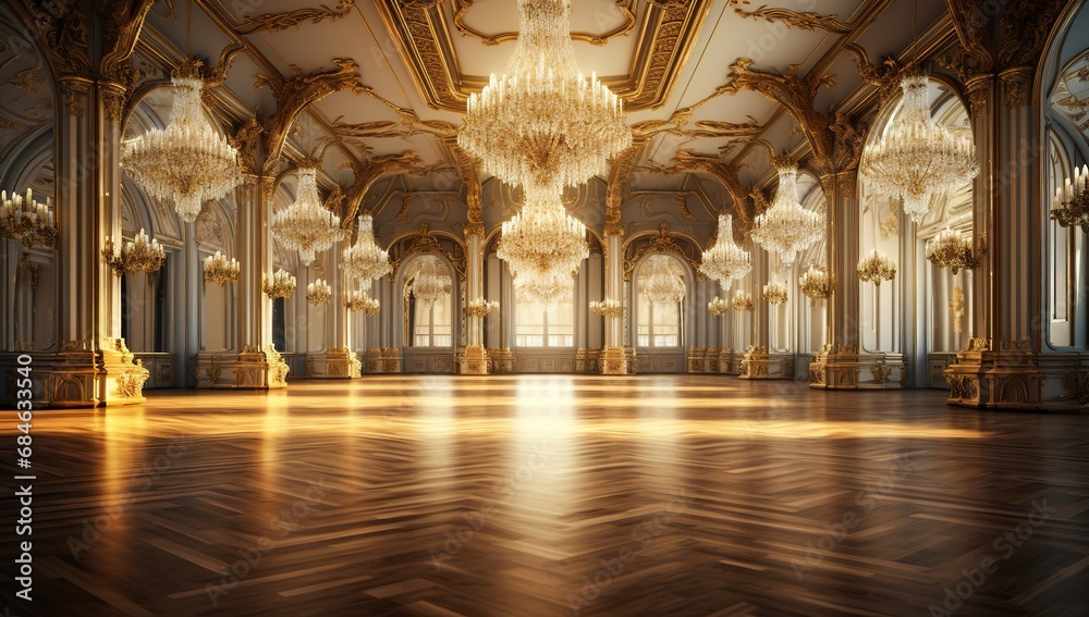 A luxurious baroque hall with gold decorations, majestic columns, and chandeliers reflecting wealth and sophistication.