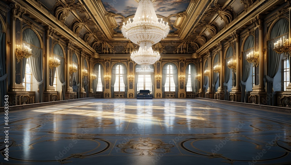 A spacious hall with high ceilings, beautiful chandeliers, and rich gold trim, radiant and elegant.