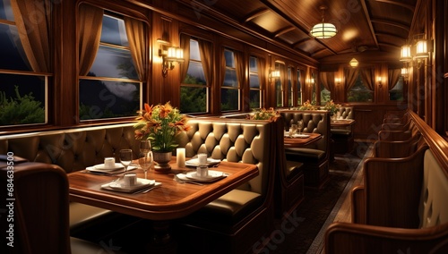 A retro-style dining car interior with leather booths, wooden tables, and romantic lighting, passing through a night forest. © volga