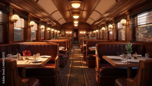 A classic-style dining car interior with cozy booths  wooden trim  and warm lighting  traveling through a landscape at twilight.