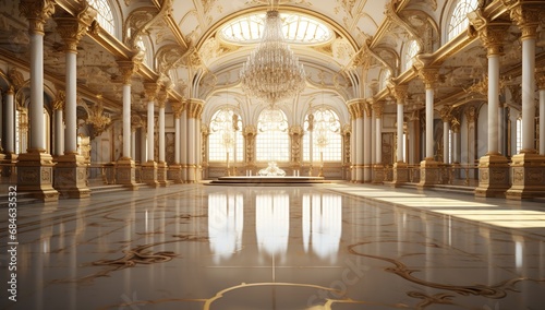 A magnificent baroque hall with gold decorations  massive columns  luxurious chandeliers  and a reflective floor  exuding grandeur and opulence.