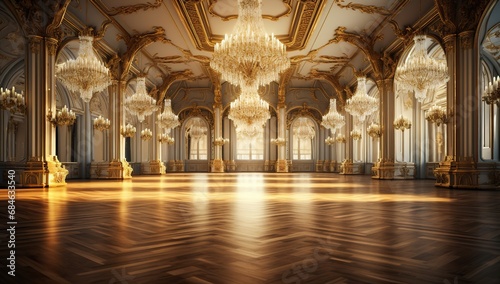 A luxurious baroque hall with gold decorations  majestic columns  and chandeliers reflecting wealth and sophistication.