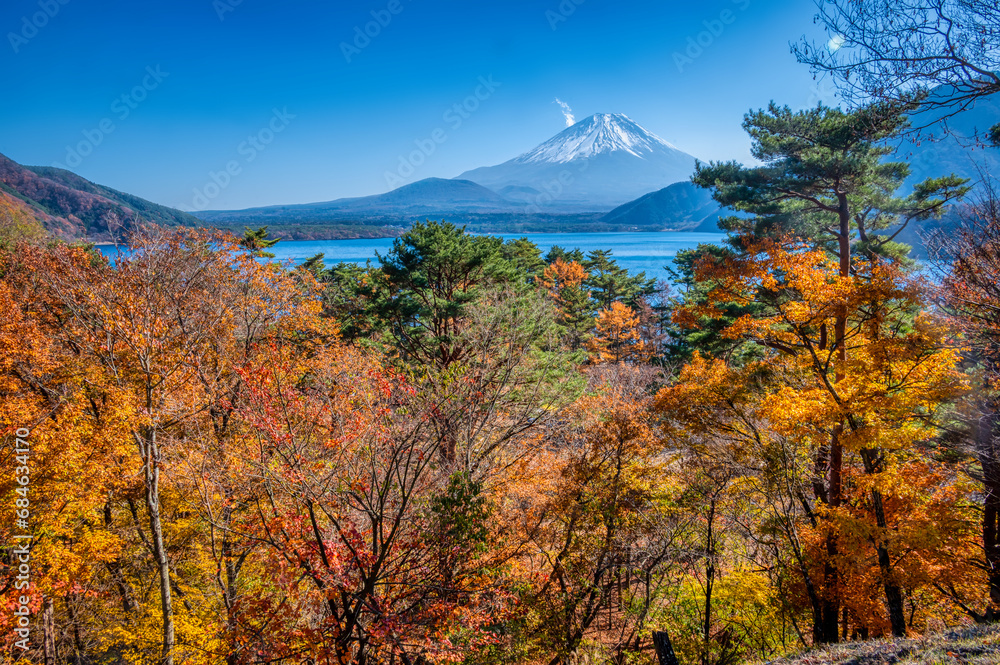 Autumn foliage at the Fuji Five lakes area of Yamanashi prefecture, close to Mount Fuji. This is Lake Motosu