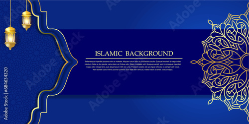 Ramadan Kareem Blue Islamic Ornamental Background With Arabic Pattern and Lanterns