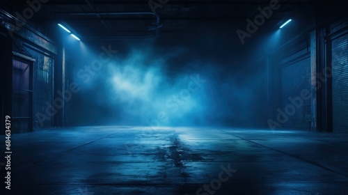 Dark empty asphalt street scene with blue smoke neon searchlight light. AI generated image © artpray