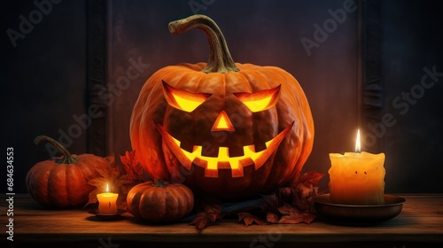Pumpkin head jack lantern with light candle halloween on dramatic background