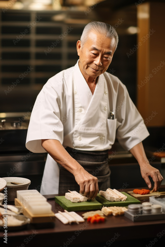 Asian sushi chef slicing tofu for traditional dish preparation