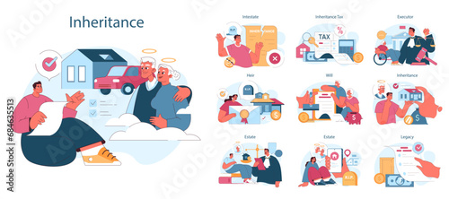 Inheritance set. Estate planning, tax considerations, and executor duties. Testament administration, property transferring paper. Flat vector illustration.