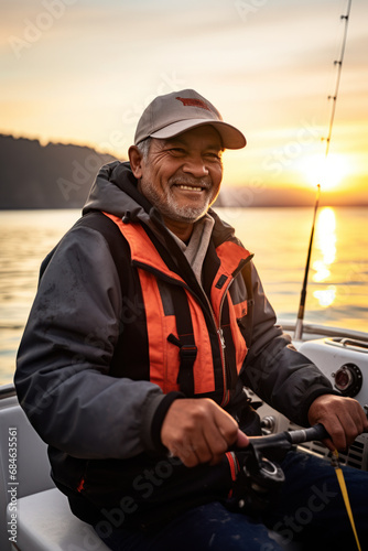 Smiling Latin American fisherman fishing at sunset on boat