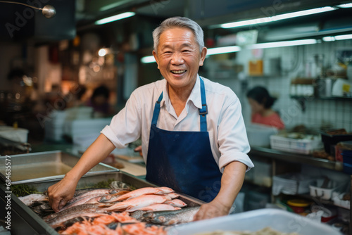 Cheerful Asian fishmonger at market stall with fresh seafood