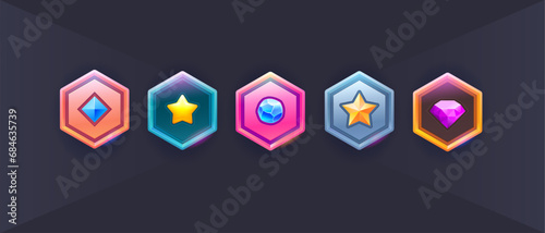Vector set of games star icon. Military shield badges, game rank insignia. Vector game icons, revard signs, stars, chevron for used in mobile or web game