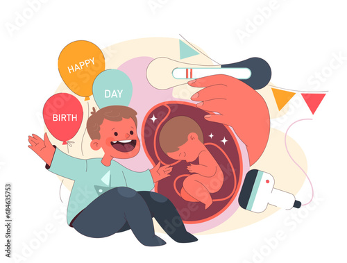 Birth concept. A jubilant boy celebrates beside an ultrasound, showcasing a baby, amidst balloons and a positive pregnancy test. Moments leading to a newborn's arrival. Flat vector illustration.